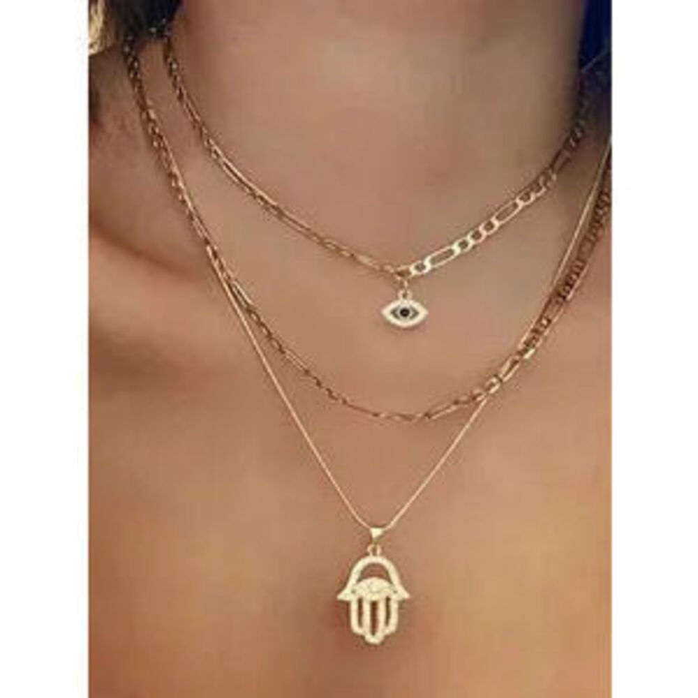 Luxe Gold Tone Rhinestone Evil Eye Hamsa Multilayer Necklace
